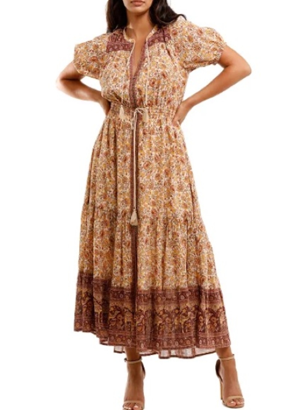 Spell And The Gypsy Sundown Gown In Spice Floral Camel Midi Dress M